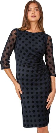 Roman Womens Polka Dot Ruched Stretch Dress - Black - Size 14 UK