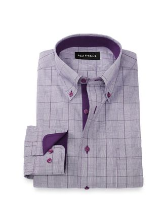 Paul Fredrick Comfort Stretch Non-iron Glen Plaid Dress Shirt With Contrast Trim