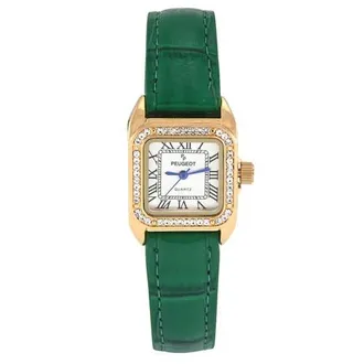 Peugeot Status Square Crystal Bezel Leather Watch - 34x24MM in Green at Nordstrom