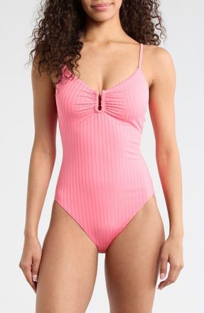 Sanctuary V-Wire Rib One-Piece Swimsuit in Bloom Pink at Nordstrom, Size X-Large