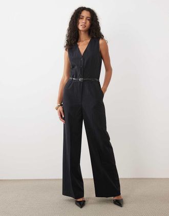 Mango tuta jumpsuit sartoriale con scollo a V e cintura a righe navy-blu navy
