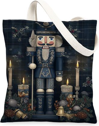 Generic Navy Nutcracker Canvas Tote Bags, Vintage Holiday Design Reusable Grocery Bags, Festive Lightweight Washable Shoulder Strap Canvas for Gift Shopping O