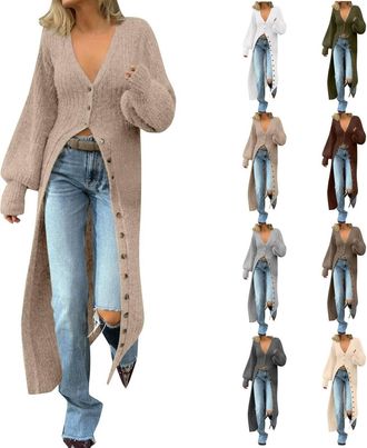 Generic Cardigans for Women UK Plus Size Maxi Long Cardigan Button Up Open Front Sweaters Elegant Plain Plunge Coatigans Warm Soft Casual Sweater for Autumn W