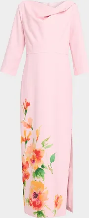 Kay Unger Magnolia Floral-Print Stretch Crepe Column Gown