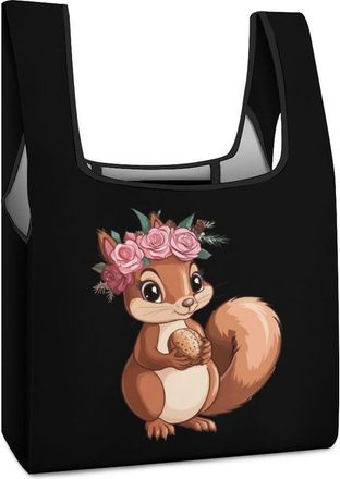 Generic Cute Squirrel with Flowers Shopping Bag Reusable Grocery Tote Bag Foldable Handbag for Travel Picnic