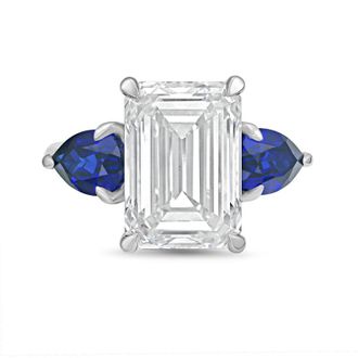 Diana M. Jewels 14kt white gold lab grown 4ct emerald diamond ring with sapphire pears on the sides