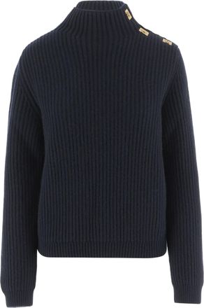 Ferragamo Navy Ribbed Knit Wool-Blend Turtleneck