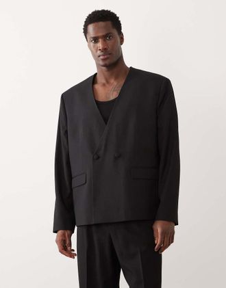 Asos Giacca da abito squadrata senza colletto nera-Nero