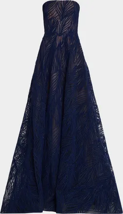 Naeem Khan Strapless Light Velvet Embroidered A-Line Gown