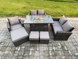 Fimous 8 Seater Rattan Outdoor Garden Furniture Gas Fire Pit Table Sets Gas Heater with Love Sofa Armchair 3 Footstools in Dark Grey