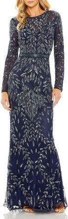 Mac Duggal Long Sleeve Illusion Neckline Embellished Gown in Midnight at Nordstrom, Size 10