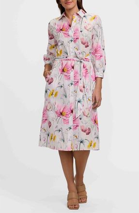 Foxcroft Esther Floral Belted Cotton Shirtdress in Pink/Multi at Nordstrom, Size X-Large