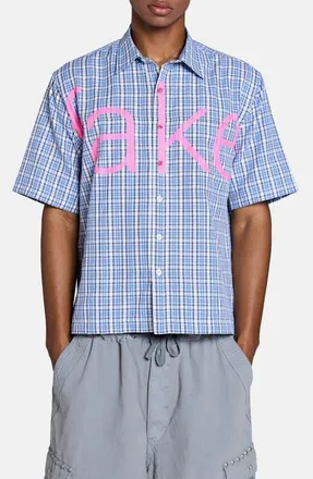 Jaded London Check Fake Short Sleeve Graphic Button-Up Shirt in Blue at Nordstrom, Size Xx-Large