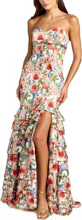 Mac Duggal Strapless Floral Charmeuse Ruffle A Line Gown in Ivory Multi at Nordstrom, Size 2