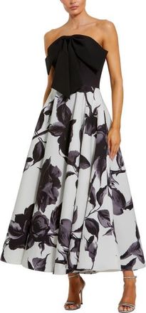 Mac Duggal Womens Crepe Printed Strapless Midi Dress With Bow in Black Multi at Nordstrom, Size 10
