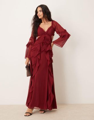 Asos ruffle v neck long sleeve maxi dress in burgundy-Red