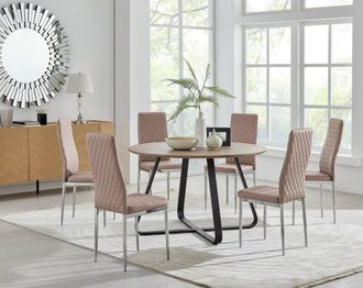 Furniturebox Santorini Brown Wood Effect Dining Table & 6 Milan Chrome Leg Chairs in Beige
