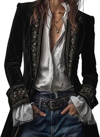 Generic Womens Retro Velvet Open-front Blazer, Long-sleeved Solid Color Mid-length Coat with Lace Trim (Black,L)