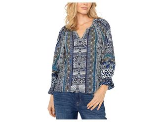 Liverpool L.A. Petite 3/4 Sleeve Button Front Woven Blouse Womens Clothing Blue Shibori : PXS, Rayon
