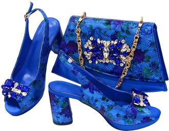 Generic Womens Sandals and Bags Matching Set Bigger Size Thick Heel Shoes Flowers Sparkly Rhinestone Decoration Blue