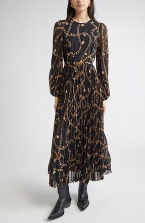 Zimmermann Chain Print Long Sleeve Sunray Pleated Dress in Black Charms at Nordstrom, Size 0P