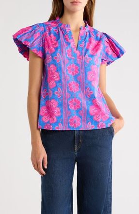 Sugarlips Bethel Floral Keni Cotton Split Neck Top in Blue-Fuchsia at Nordstrom, Size X-Large