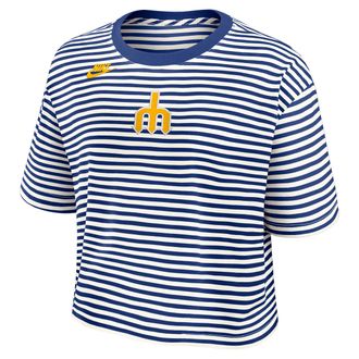 Nike Seattle Mariners Cooperstown Logo Striped Nike Womens MLB Cropped T-Shirt in Blue | 048P09EES77-YLT