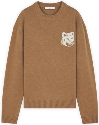 Maison Kitsun&eacute; Fox Head Intarsia Wollen Trui - Heren - Ronde hals truien - Bruin - XL - Wol - Truien & Vesten