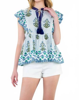 THML Clothing Got The Blues Flutter Sleeve Floral Tassel Tie Top