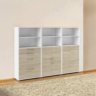 Dmora Dmora - Aparador Vinovo, Buf&eacute; De Sal&oacute;n, Aparador De Sal&oacute;n, Despensa De Cocina, 267x40 H186 Cm, Blanco Y Roble