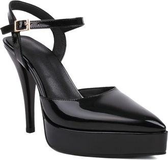 Generic Womens High Heeled Wedding Bridal Shoes Pointed Toe Slingback Dress Sandals Patent Leather Platform Party Prom Pumps with Buckle,Black,3.5 UK