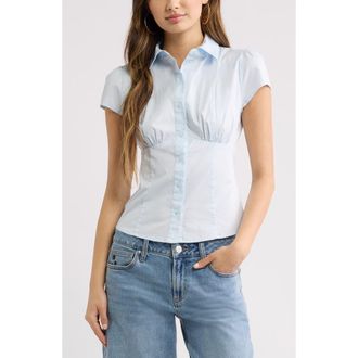 BP. Ruched Empire Waist Button Shirt in Blue Breeze at Nordstrom, Size Xx-Small