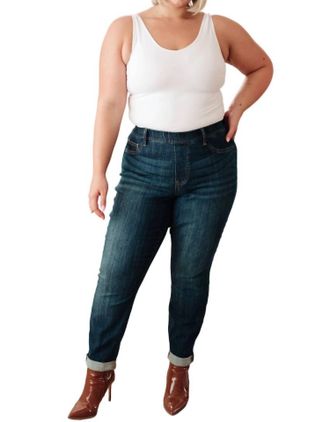 Judy Blue High Rise Pull On Double Cuff Slim Jeans In Dark Wash