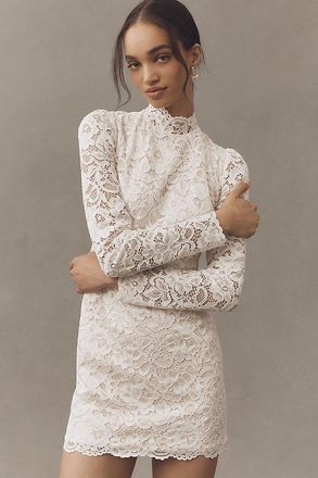 BHLDN Long-Sleeve Mock-Neck Lace Stretch Satin Mini Dress
