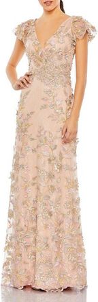 Mac Duggal Embroidered Applique Wrap Over Flutter Sleeve Gown in Rose Gold at Nordstrom, Size 16