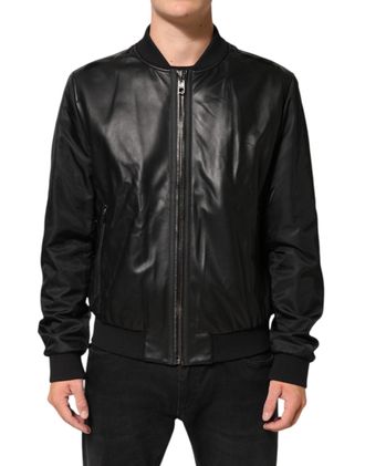 Dolce & Gabbana Mens Black Leather Nylon Fullzip Blouson Jacket Pa+lamb Clothing