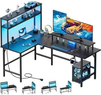 OEM Bureau Gaming - Ecofurnix Bureau En L 150 Cm - Fibra De Carbono Negra - Led Y Toma Usb Integrada - Almacenamiento