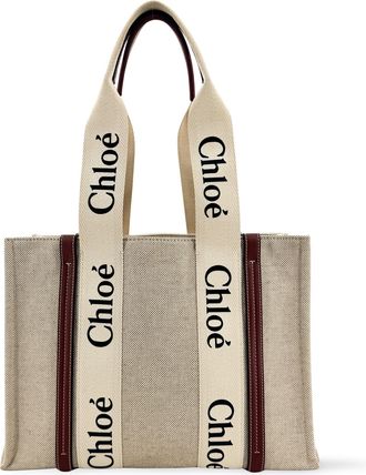 Chlo&eacute; Woody Tote Canvas With Leather Beige Canvas Handbag (Pre-Owned)