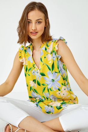 Roman Floral Print Sleeveless V-Neck Ruffle Top