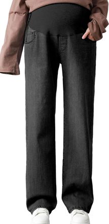 Feoya Pregnancy Jeans for Women Stretchy Maternity Denim Trousers Over Bump Loose Pants High Waist Clothing with Pockets Black