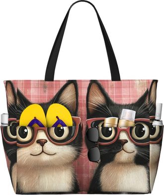 Generic Cute Cat Print Large Beach Bag Foldable Travel Shoulder Tote Bag With Pocket For Weekender Pool Vacation