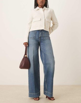 Asos Jeans a vita alta e fondo ampio lavaggio vintage con tasche e pieghe sul davanti-Blu