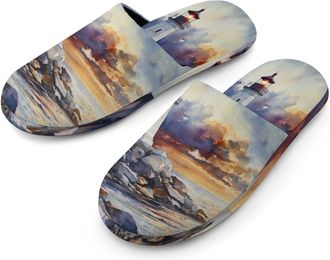 Generic Watercolor Lighthouse Rocky Shore Mens Flannel Slipper Soft Comfy House Shoes Non Slip Winter Warm Indoor Outdoor Slippers