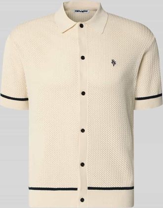 Review Slim Fit Strick-Poloshirt mit Label-Stitching in Ecru, Gr&ouml;&szlig;e XXL