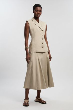 Karen Millen Womens Tailored Linen Button Front Full Midi Skirt - Beige Lyocell - Size 16 UK