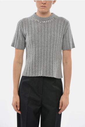 Gucci Maglia a Coste a Maniche Corte con Dettaglio Impreziosito da Strass Gucci