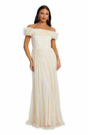 Quiz Mesh Ruffle Bardot Maxi Dress in Cream at Nordstrom, Size 14