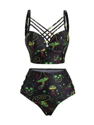 Dressfo Gothic Galaxy Skull Print Bikini Set Retro Vintage Tummy Control Two Piece Tankini, Multi-a, S
