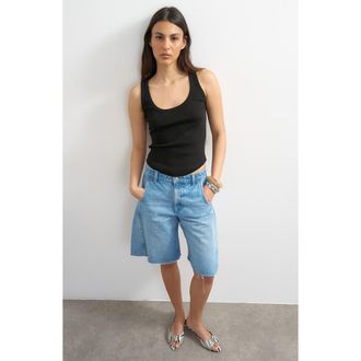 Topshop Rib Curved Hem Stretch Cotton Tank in Black at Nordstrom, Size X-Small