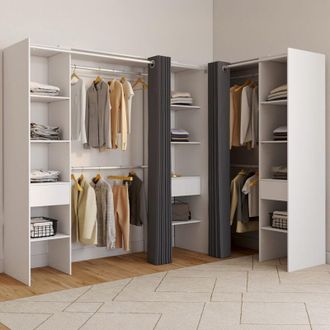 IDMarket Marlon 230 X 140 X 180 Cm Armario Esquinero Blanco Con Armarios + Estantes + Cortinas Grises